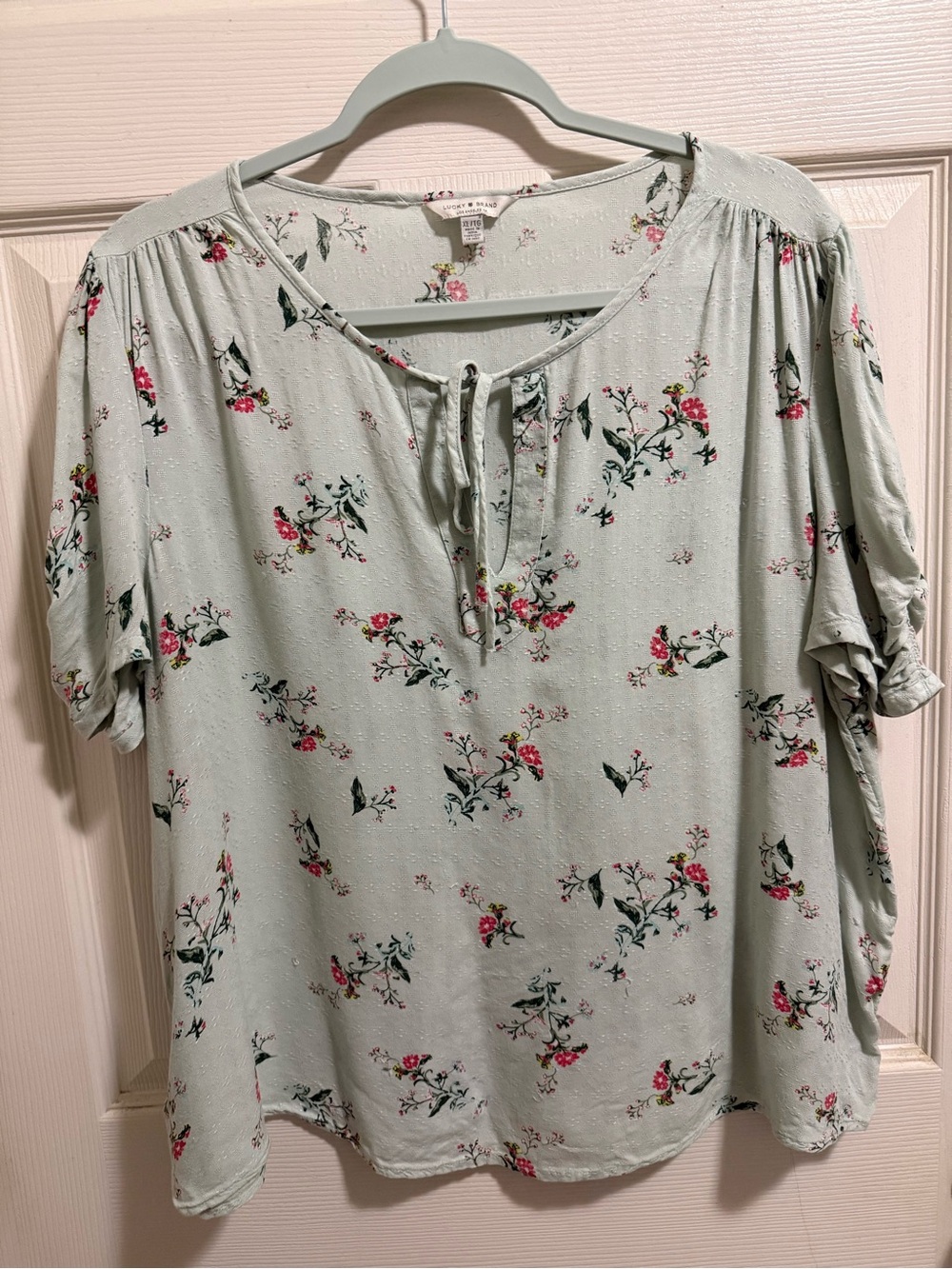 Lucky Brand Sage Green Floral Tie-Neck Blouse